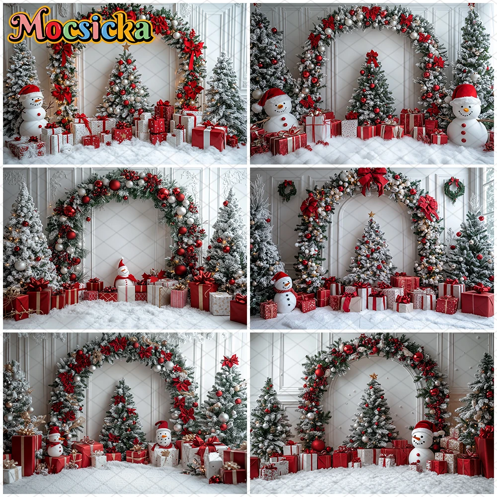 

Mocsicka Christmas Tree Photography Backdrop Snowman White Wall Home Gifts Decor Children Family Holiday Party Background Banner