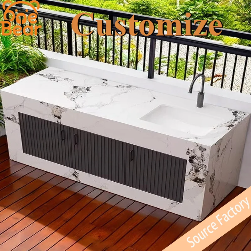 Outdoor sintered stone column basin island counter, ceramic wash basin with aluminum alloy doors for courtyard and garden.