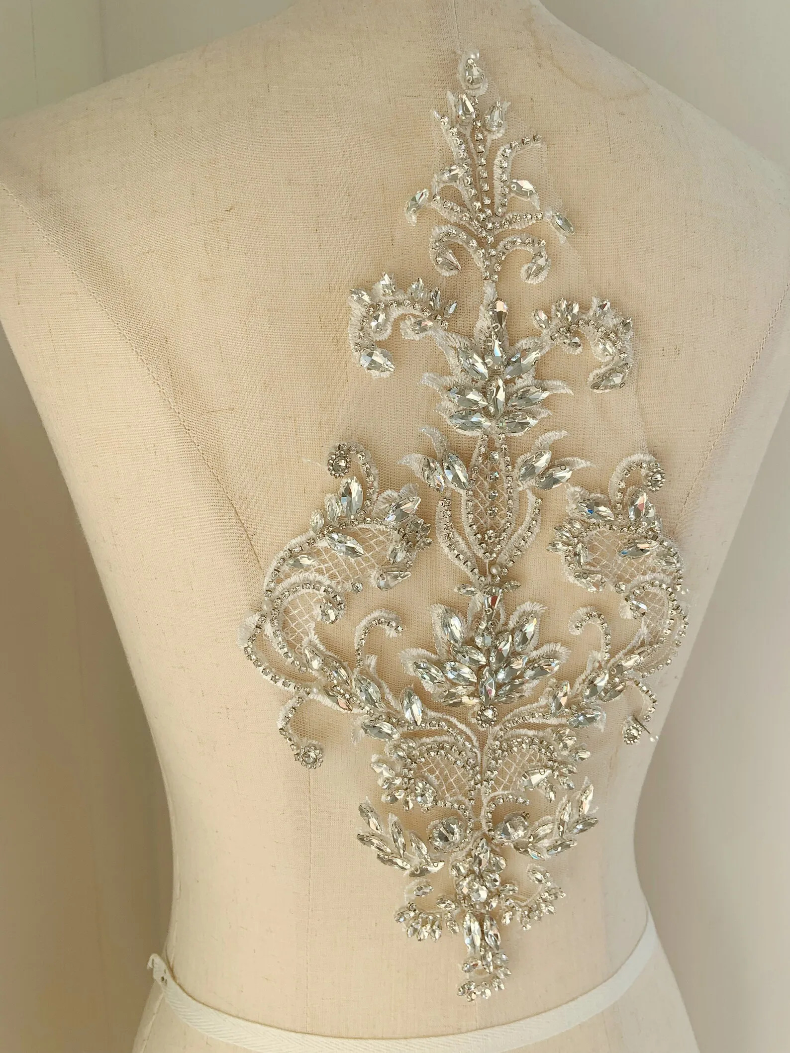 Silver Rhinestone Applique Crystal Florals Bodice For Dance Costume For Wedding Dress, Ball Gown