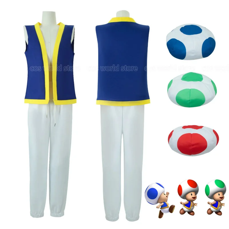

2025 New Kinopio Toad Cosplay Hat Kids Adult Costume Game Bros 2 Roleplay Fantasia Outfits Vest Pants Children Halloween Carniva