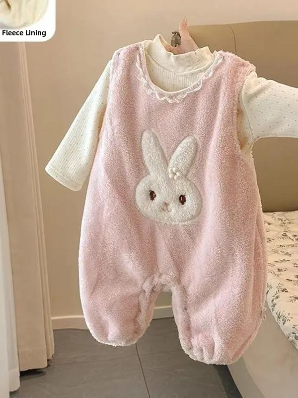 

Baby Girl's Autumn Winter Fce Lined Rer And Overalls Set Svel Base Layer Sweatirt Two Piece Set Cartoon Pattern