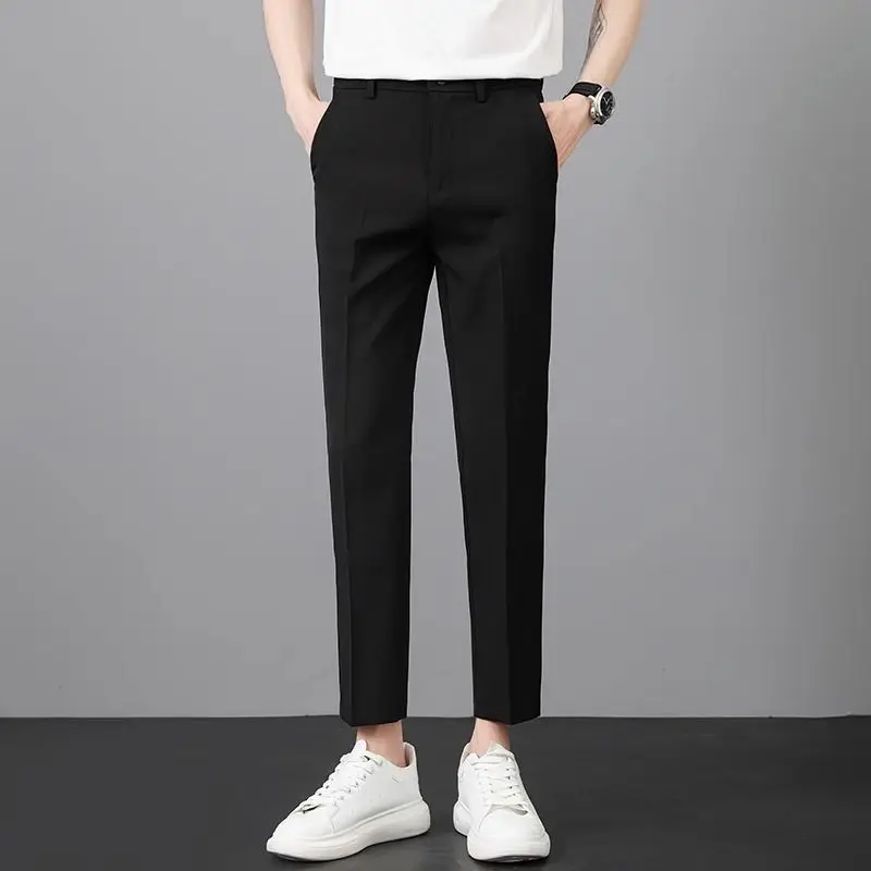 

Slim Fit Straight Men's 9 Cropped Suits Pants Solid Color Thin Casual Summer 2025 Male Suit Trousers Cheap Formal Spring Clothes