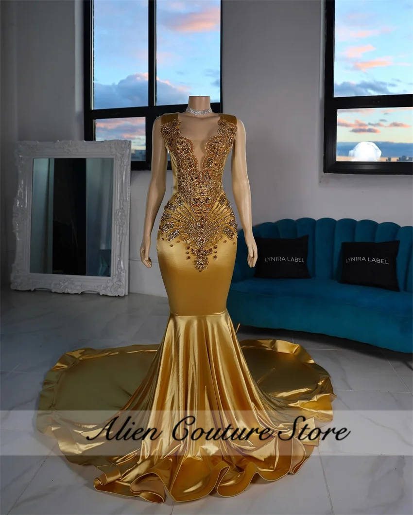 Luxury Gold Mermaid Evening Dress Bead Crystal Diamonds Elegant Birthday Party Dresses Woman 2024 Prom Gown Customized