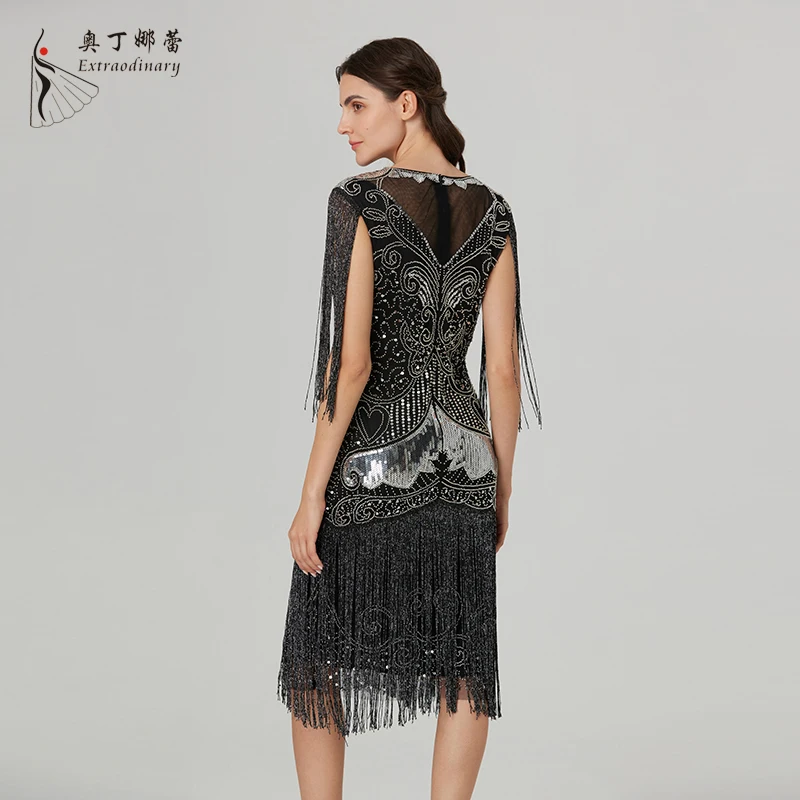 Women Sequins Dress 1920s Fringe Vestidos Vintage Great Gatsby Party Cocktail Dress V-Neck Sequin  Embroidery