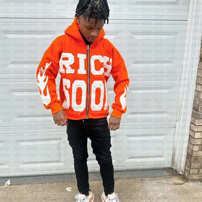 2025 new Y2k American color letter embroidery zipper hoodie Men's fashionable high street knitted sweatshirt Retro casual