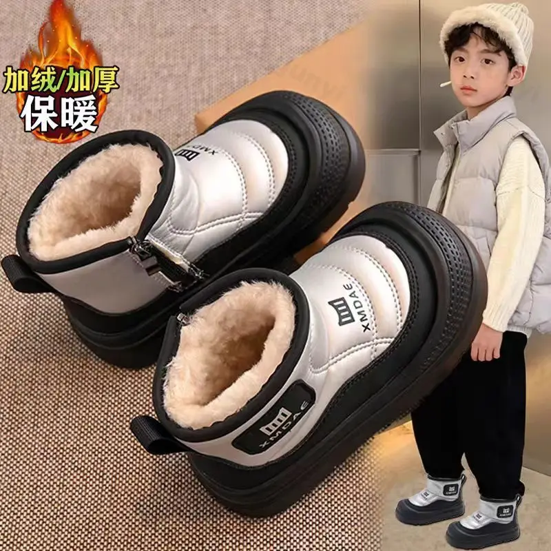 

Girl Boy Snow Boots 2025 Winter Warm Plush Outdoor Anti Slip Children Short Boots Zipper PU Leather Fashion Kids Short Boots