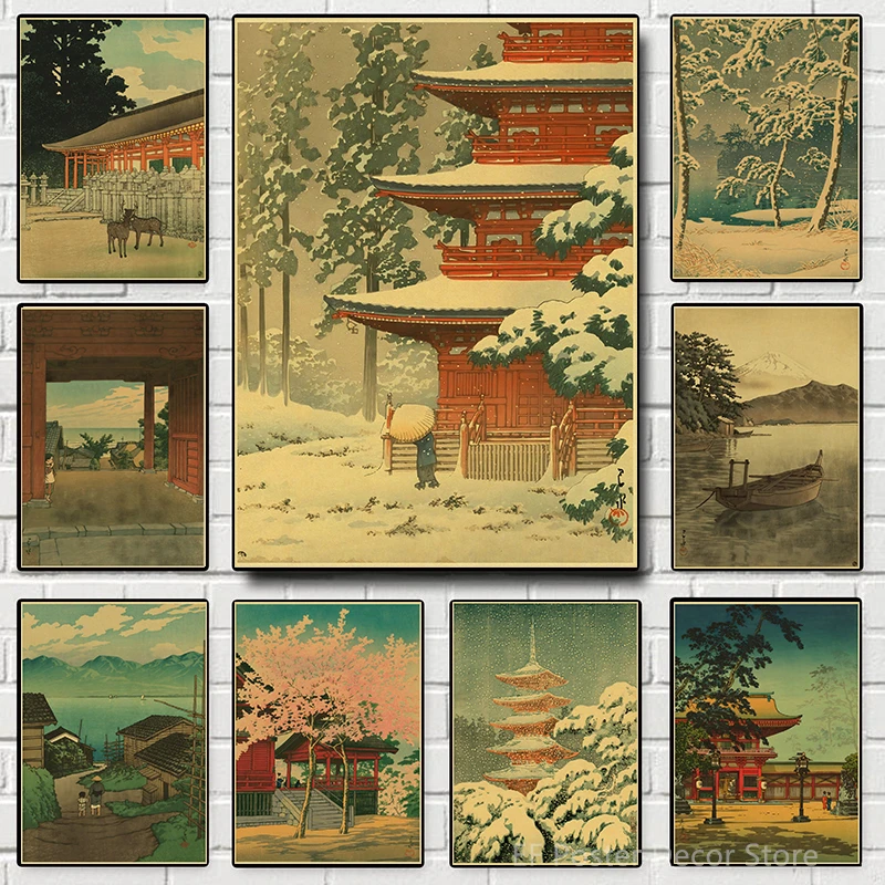 Vintage Traditional Japanese Landscapes Posters Aesthetic Kraft Paper Prints Home Room Decor Painting DIY Retro Art Wall Picture