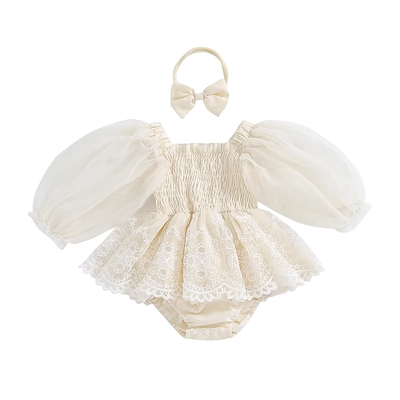 

Baby Girls Romper Dress Lace Mesh Flower Pattern Long Puff Sleeve Smocked Jumpsuits Bow Headband