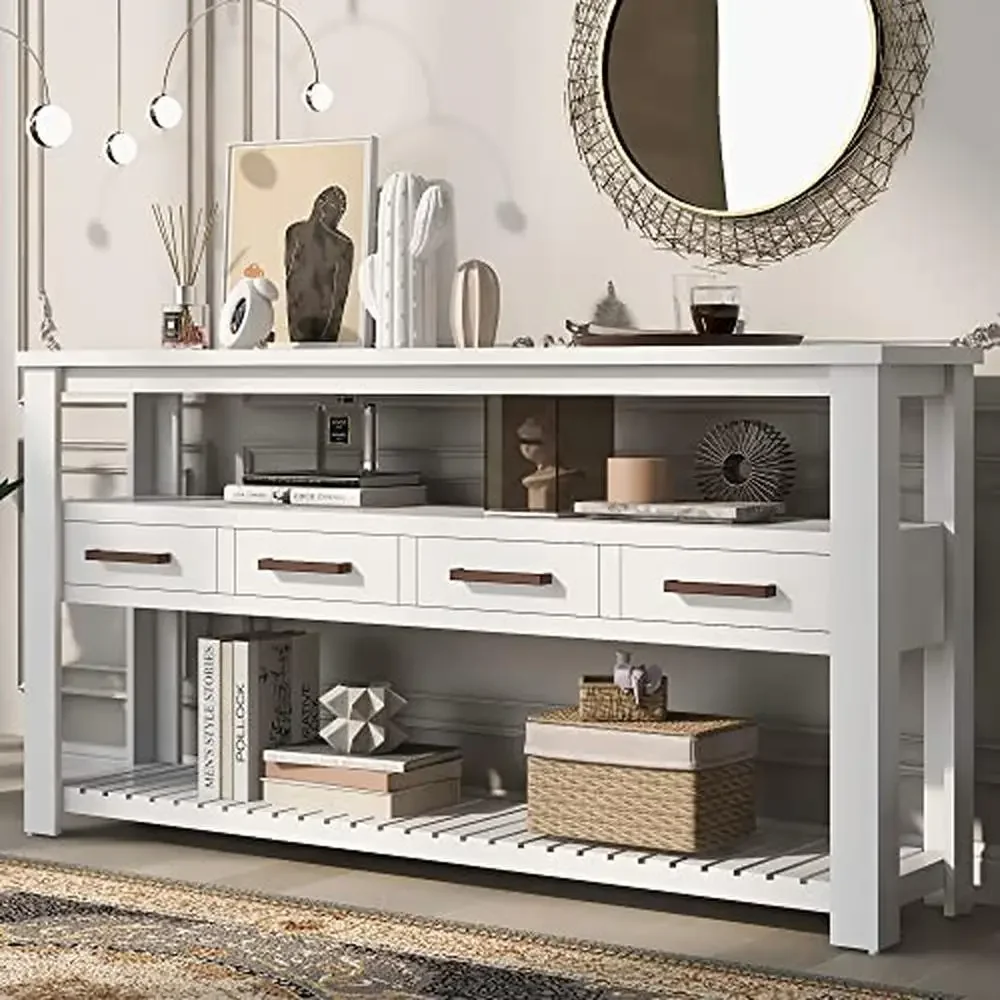 Modern Narrow Console Table with 4 Drawers & 2 Shelves Entryway and Living Room Storage White