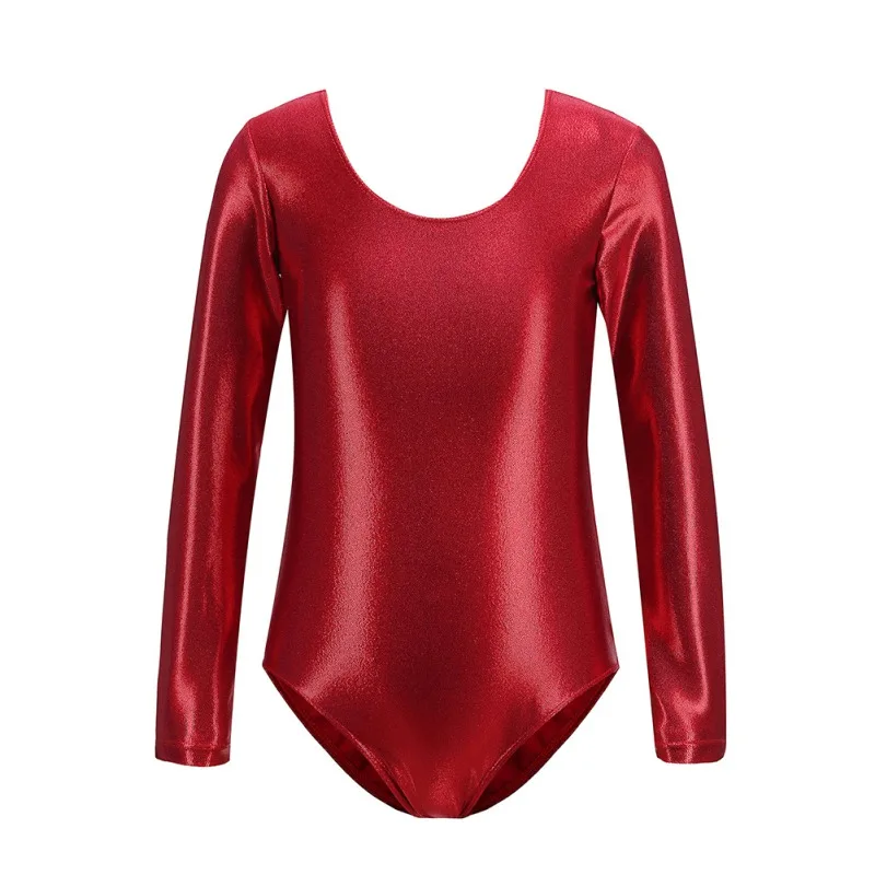 Kids Girls Ballet Dance Leotards Gymnastic Costume Long Sleeve Shinny Metallic Dance Leotard Bodysuit Ballet Training Wear 1-12Y