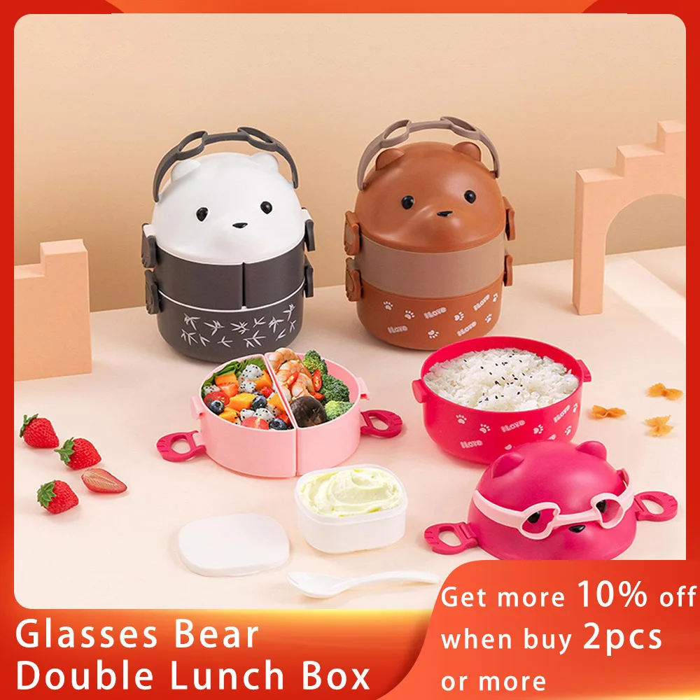 

Hot Food Insulated Lunch Box Leak-proof Bento Box Glasses Bear Double Layers Portable Lunch Box Divided Layers Bento Box