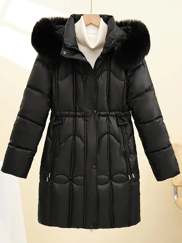

Women's Fleece Lined Cotton Jacket mid Length Slim Fit Removable Hood Large Fur Collar Cotton Coat Outerwear for Winter