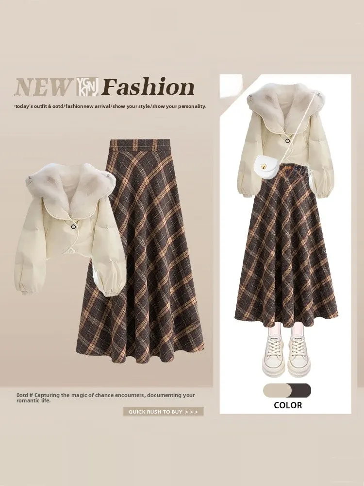 

Женский фланелевый костюм в клетку: юбка миди с высокой талией, свободный крой, с отложным воротником, модный комплект для осени и зимы, повседневная одежда