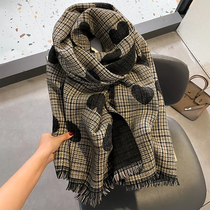 Double Side Cashmere Scarf Autumn Winter Women's Love Heart Plaid Fashion Ladies Long Thickened Warm Knitted Scarf Hijab Stole