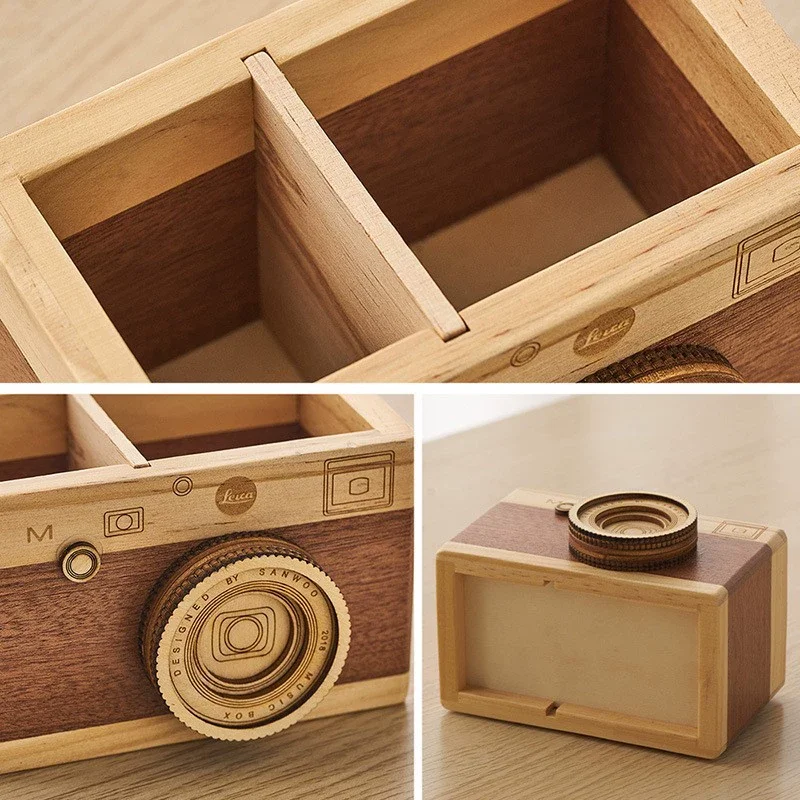 Vintage Camera-Shaped Wooden Pen Holder, Desk Organizer for Stationery