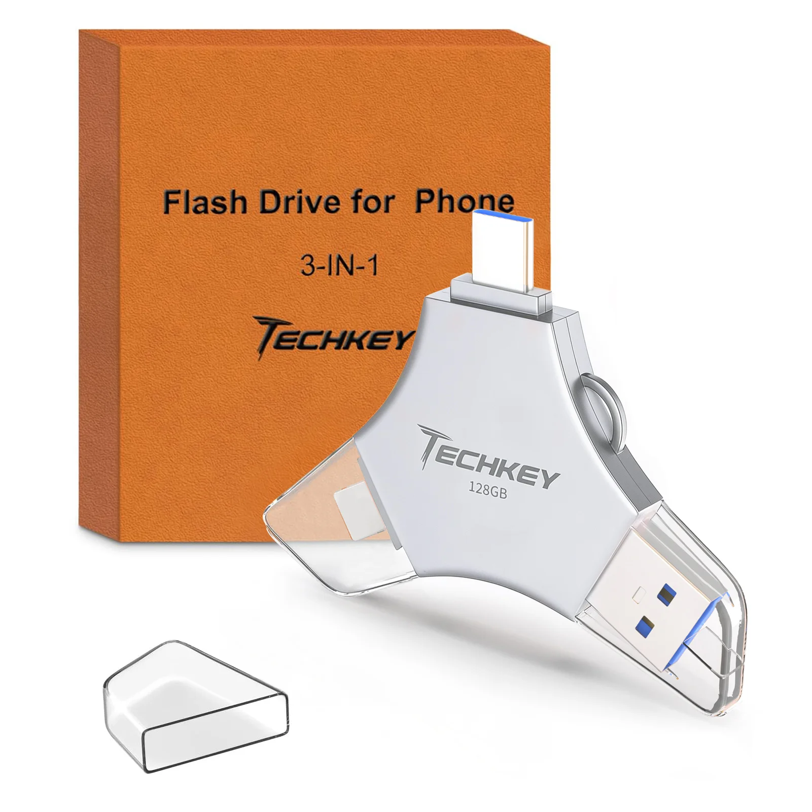 Techkey USB3.0 Flash Drive 128GB for iPhone, 3in1 External Memory Photo Keeper Storage Stick for Picture/Video/Data Saver/Backup