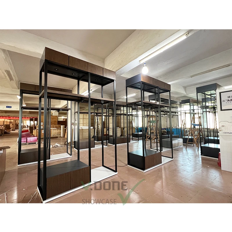 [Customized]boutique retail clothing store rack furniture black stand metal garment display racks with shelves clothes shop inte