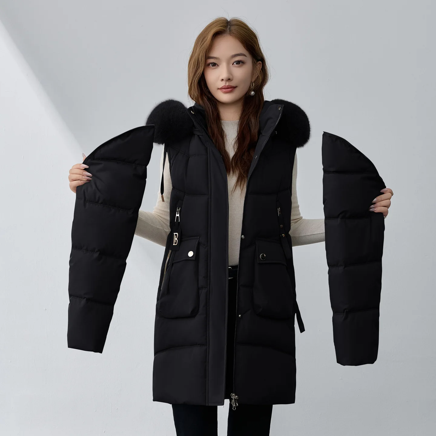 

Women's Mid-length Cotton Coat Stylish Thickened Winter Detachable Sleeves Fur Collar Jacket Loose Slimming Cotton Outwear