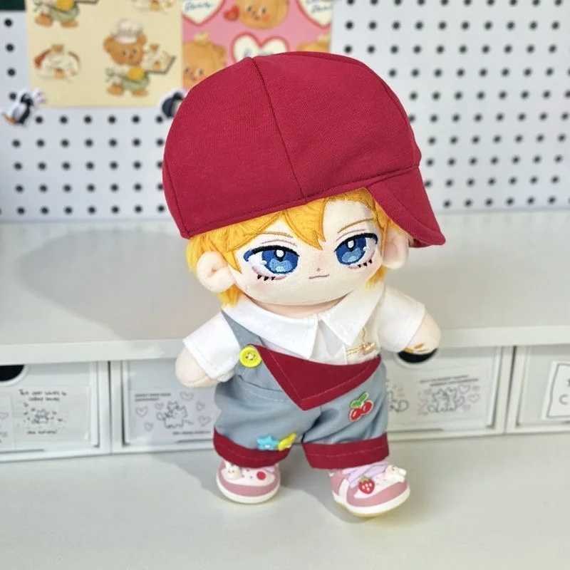 20cm Plush Toy Doll Clothes For Boys And Girls Sports Leisure Clothing Set Accessories Cherry Shirt+Overall+Hat Birthday Gifts