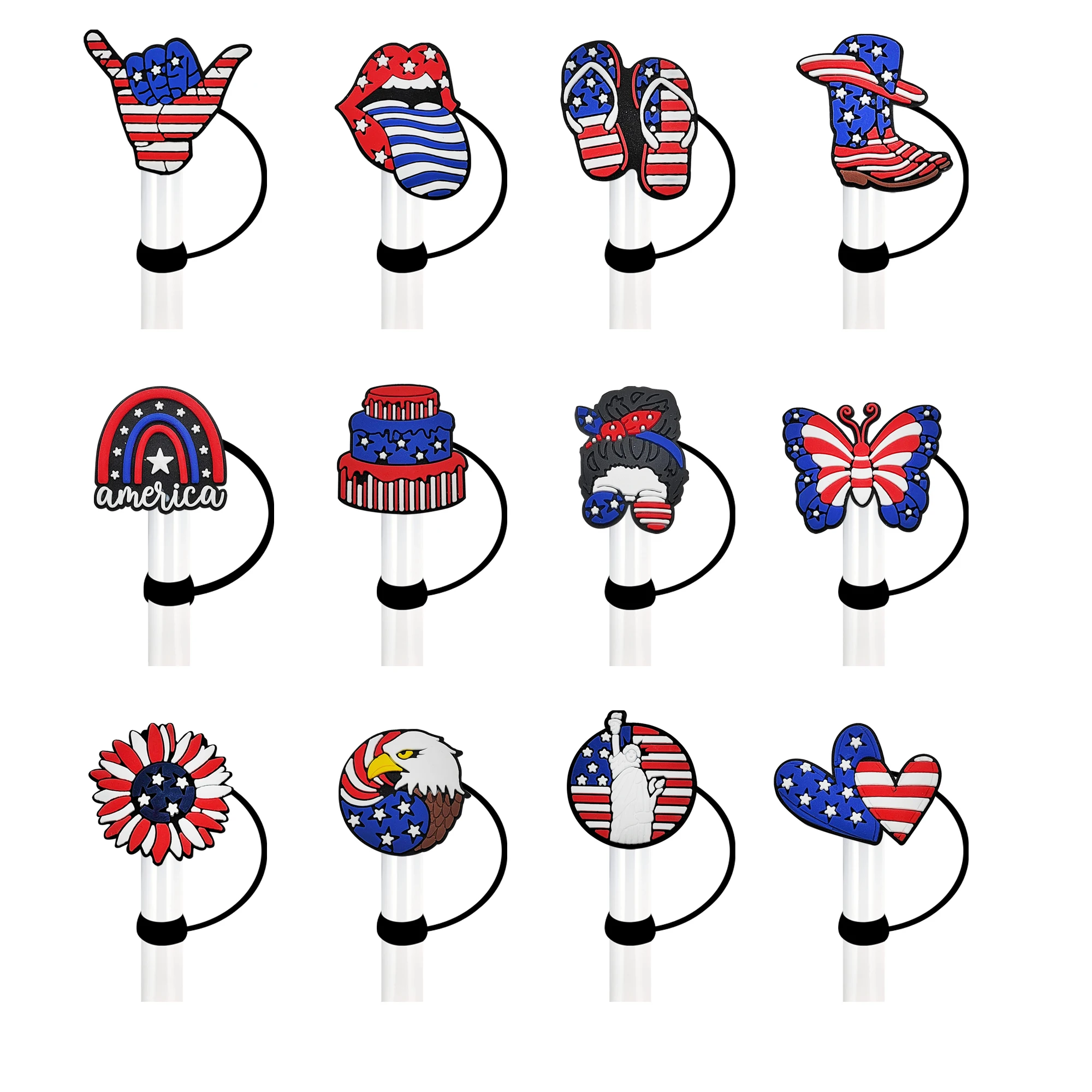 1-12Pcs Independence Day of the United States Straw Cover Cap Dust-Proof Straw Tips Lids Stanley Cup Leak-proof Reusable Sleeve