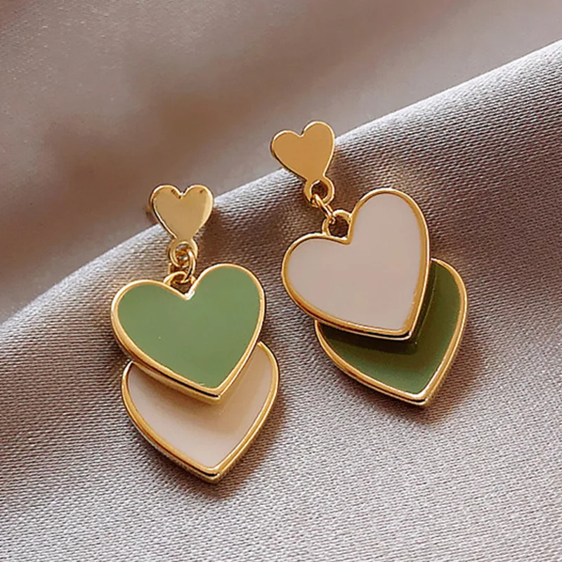 Romantic Heart Drop Earrings for Women Double Layer Asymmetric White Green Enamel Oil Dangle Earrings Geometry Party Jewelry