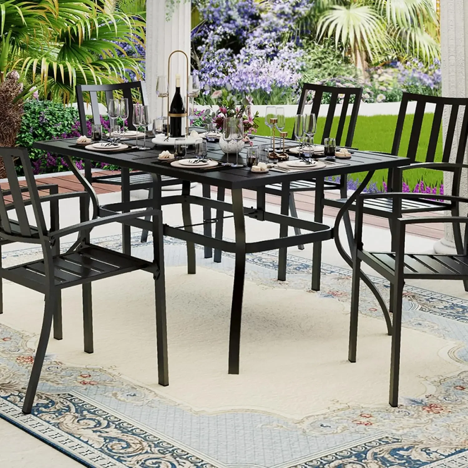 

7-Piece Metal Outdoor Patio Dining Furniture Set with 6 Steel Slat Chairs and 1 Metal 1.57" Umbrella Hole, Black