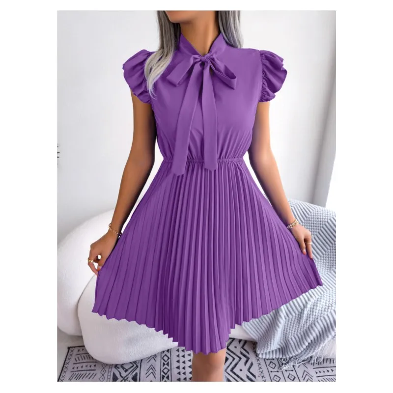 2024 Spring/Summer Fashion New Dress Long Sleeve Waist Collection Solid Color Large Display Ruffle Skirt Women's Wear