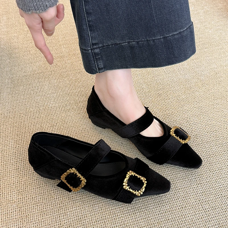 レトロベルベットメリージェーンバレエフラットシューズ-レディース-2026年春新作-シングルストラップ-ウォーターダイヤモンド装飾-カジュアルファッションシューズ