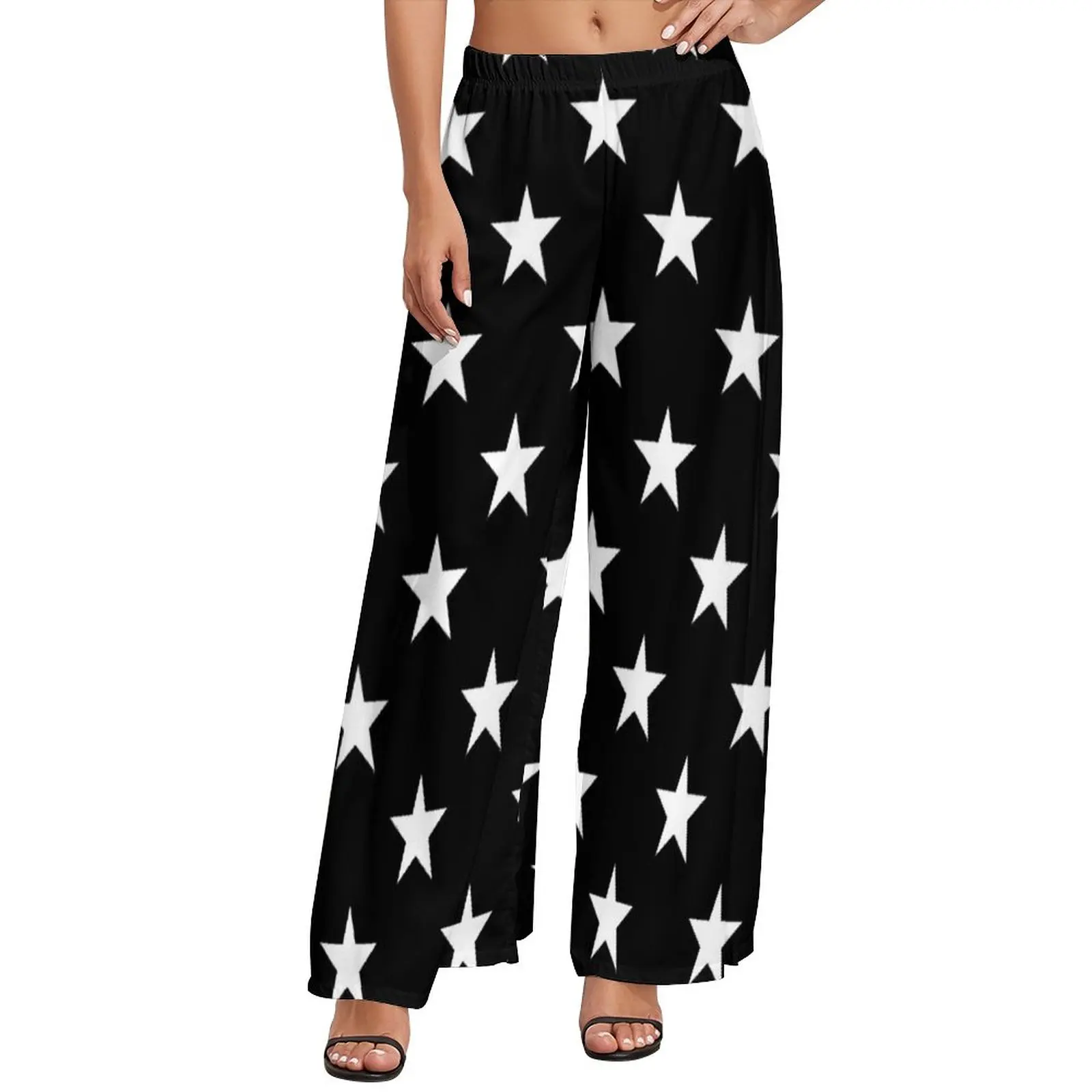 

Black And White Star Pants Female Modern Trendy Cool Street Fashion Trousers Elastic Waist Casual Wide Pants Gift