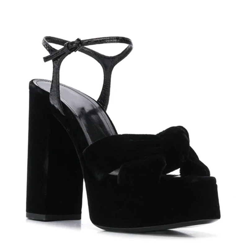 بورجوندي المخملية عقدة اللمحة تو صنادل أرضية 14 سنتيمتر كعب عالي مكتنز حزام الكاحل مخطط النساء المرحلة الصنادل مأدبة الأحذية #4