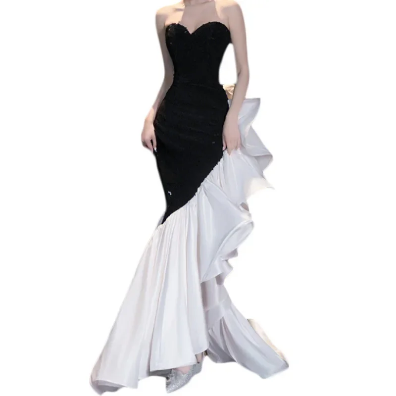 Customized Sexy Strapless Evening Dress Patchwork Fishtail Toast Dress Swing Party Dress Elegant Wedding Dress Fashion Formal Pr