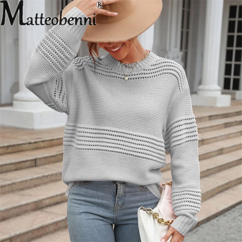 Fashion Solid Color Pit Stripe Knitted Sweater Women Hollow Out O Neck Pullover Jumper Ladies Autumn Winter O Neck Commuter Tops