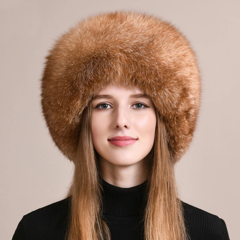 Winter Women Fox Fur Hat Fluffy Soviet Female Outdoor Warm Cap Snow Fur Hats 5 tails Real Fox Fur Cold Bomber Hats