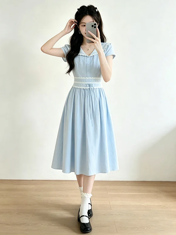 

Summer 2026 Blue Doll Collar Dress Women's Waist Cinching Slimming Long Dress Sweet Style French Brand Polyester Fiber A-Line...