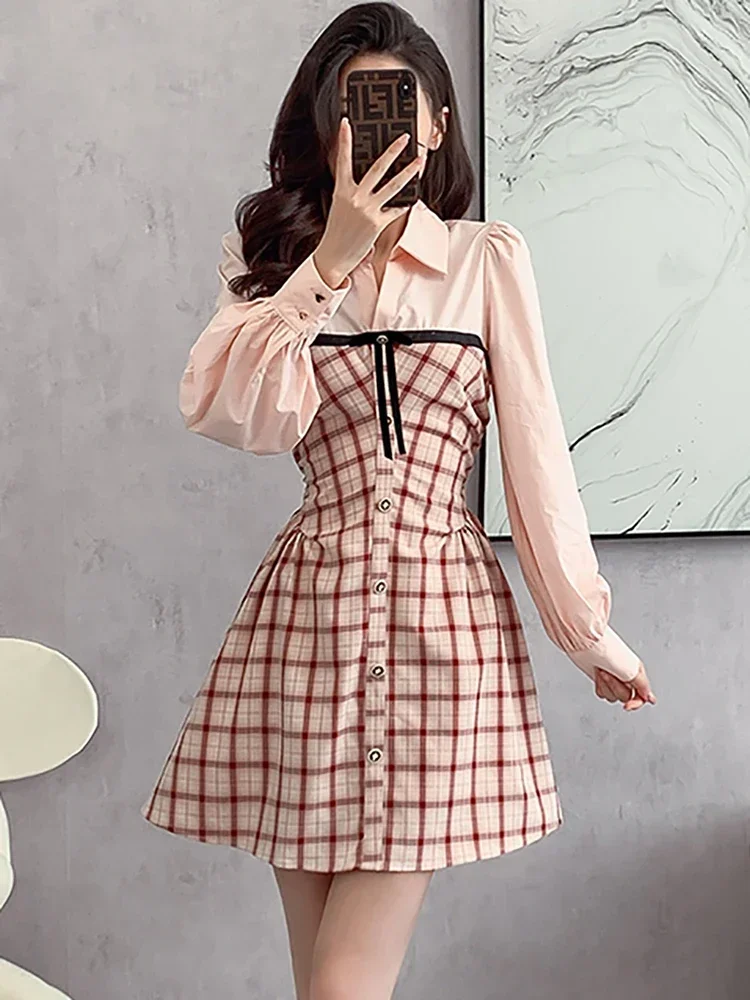 2025 elegante casual nep tweedelige jurk herfst winter geplooide bodycon jurk vrouwen roze geruite patchwork polokraag shirtjurk