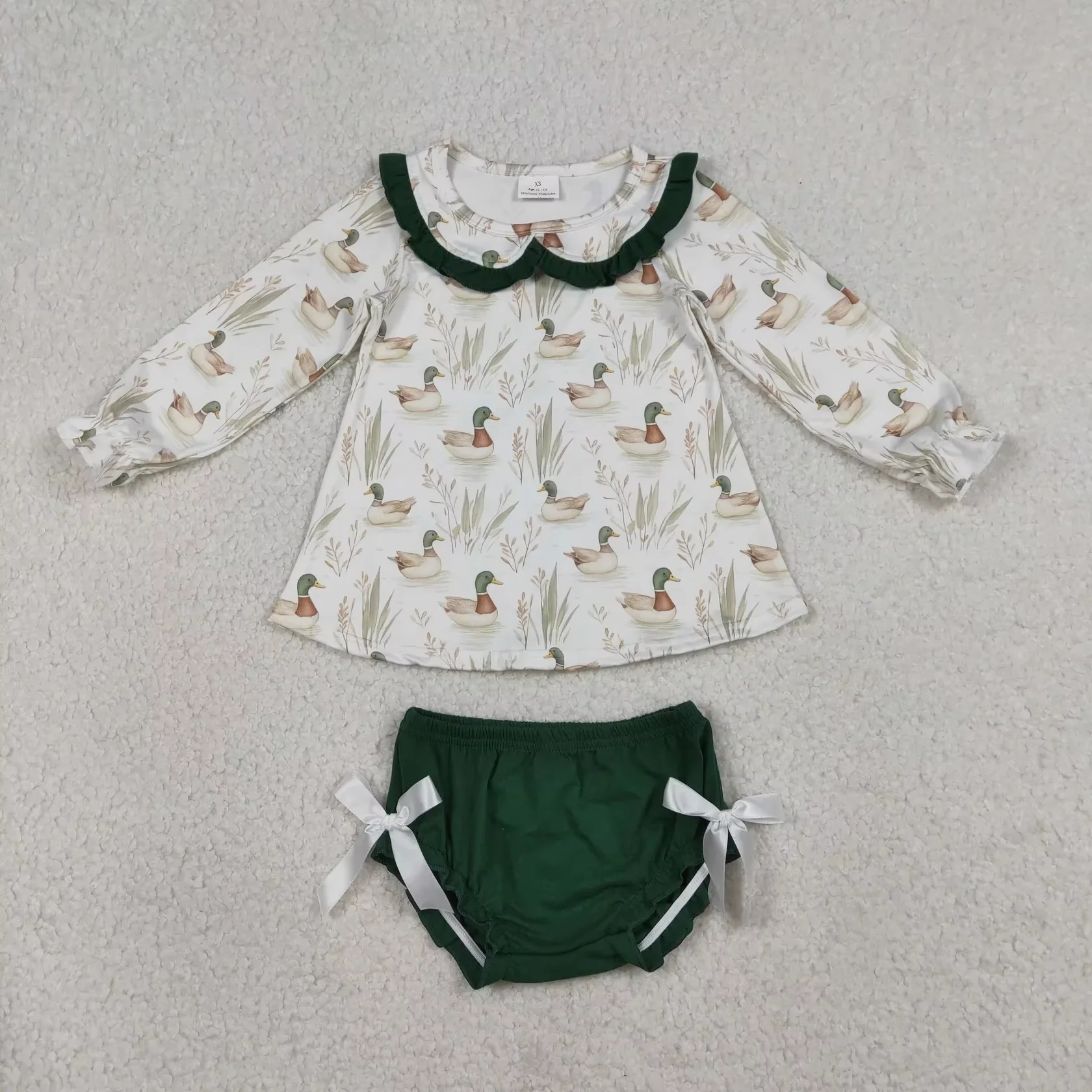 Wholesale Children Clothing Long Sleeves Tunic Toddler Kids Set Green Bummie Bows Shorts Clothes Infant Baby Girl Ducks Outfit