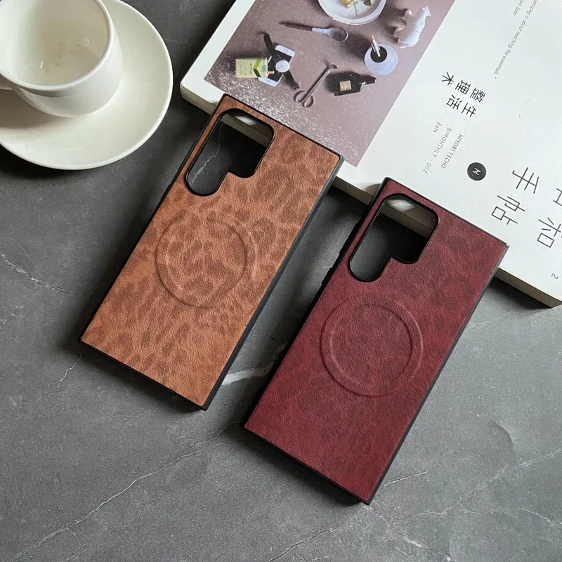 Luxury Business Magnetic Leather Phone Case for Samsung Galaxy S25 S24 S23 S22 Ultra Plus FE Leopard Floral Shockproof PU Cover