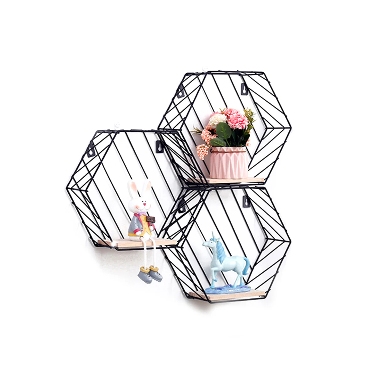 

Iron Wood Hexagon Wall Shelves Floating Grid Design Storage Rack Black Color Easy Install DISPLAY Collectibles Plants