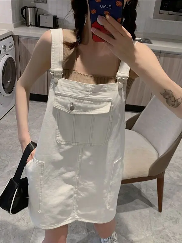 Slimming Short Denim Skirt with Straps Women's Summer Thin Model Frock for plus Size Ladies Slimming Effect College Style