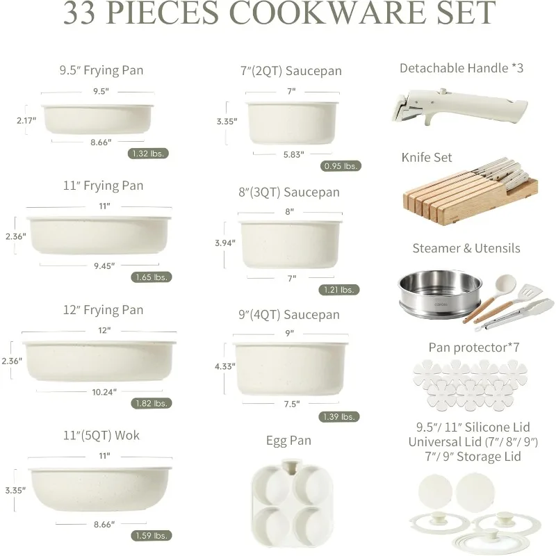 CAROTE 33pcs Pots and Pans Set Non Stick,Cookware Set,Removable Handle Pots and Pans Nonstick,RV Oven Safe Cookware, Cream White