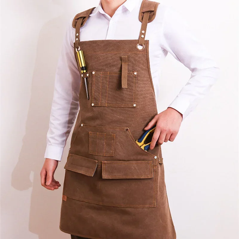 Durable Unisex Canvas Work Apron Barber Baking Cafe Garden Carpentry Restaurant Adjustable Work Wear Apron with Tool Pockets