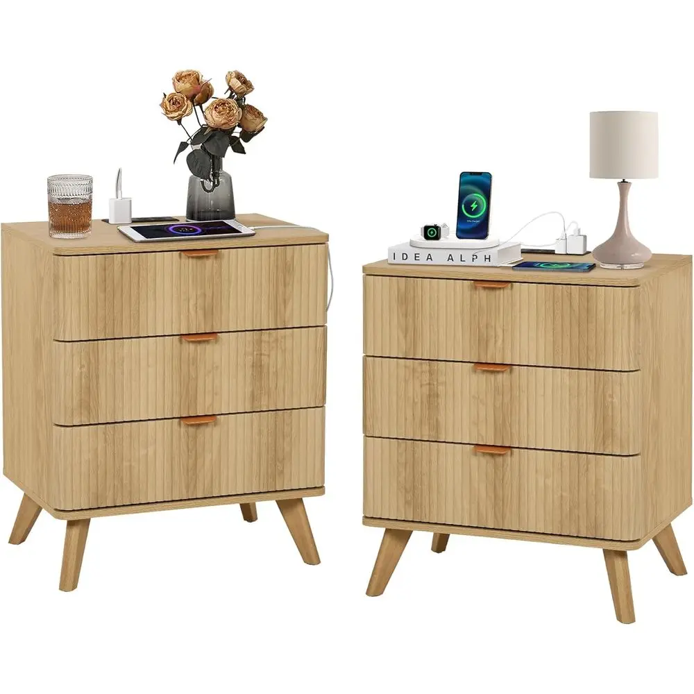 

Bedside Table Set with Charging Station, 2-Piece Boho Style Nightstand, Modern 3-Drawer Side Table, Bedroom/Living Room Furnitur