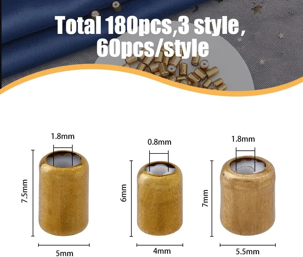 180Pcs 3Style Stopper Beads Brass Rubber Beads with Silicone Inside Cylindrical  Rondelle Slider Beads for Jewelry Making