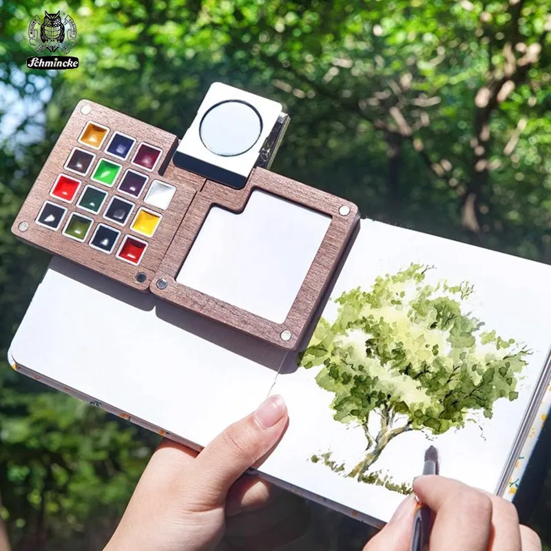 

Портативный набор акварельных красок Schmincke, 8/15 цветов, коробка для красок орехового дерева с палитрой, дорожная мини-акварельная краска, художественные школьные принадлежности