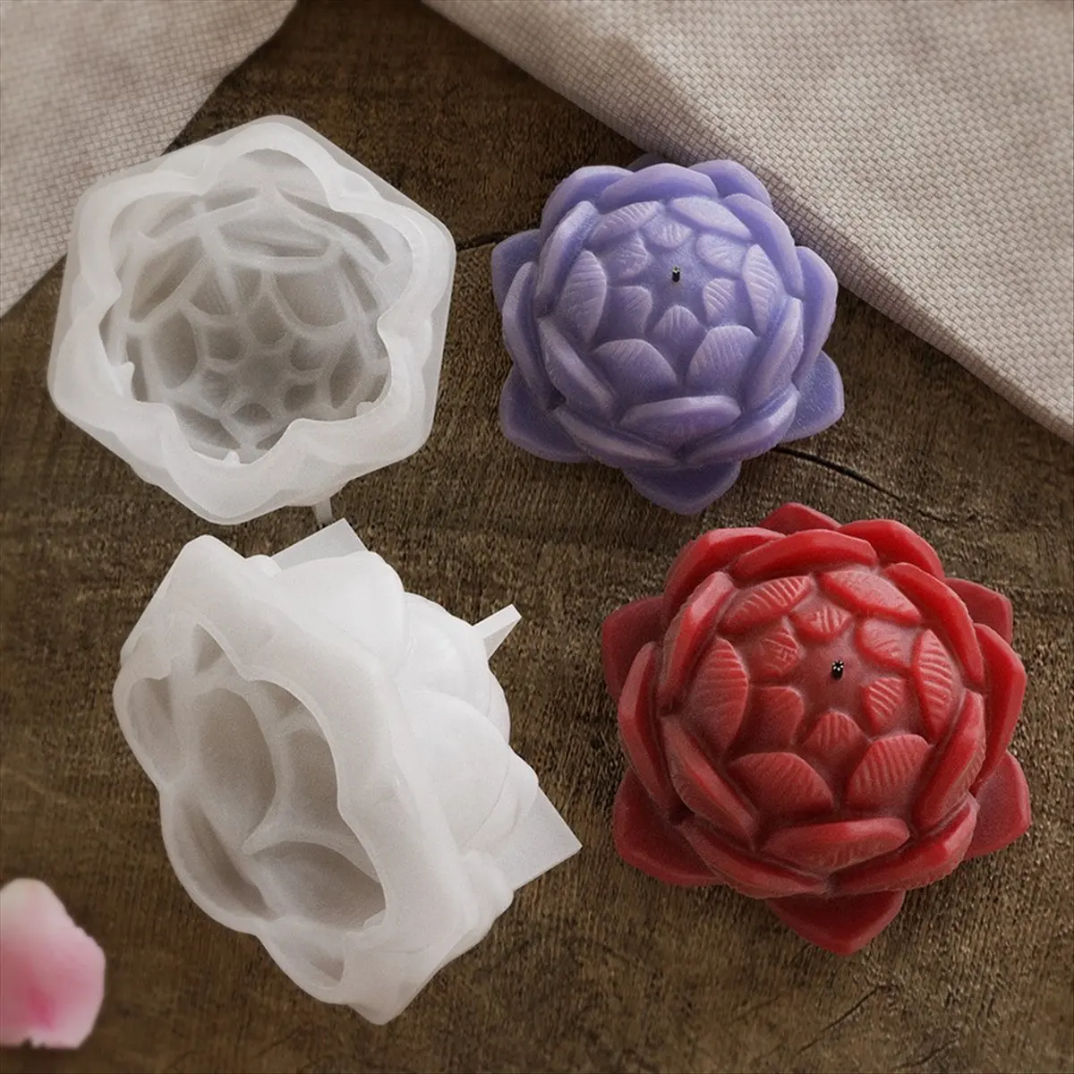 A38M 4PCS 3D Large Lotus Silicone Candle Mold DIY Handmade Flower Aromatherapy Plaster Resin Soap Making Supplies Kit