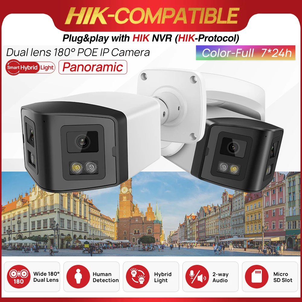 Hikvision Compatible 4MP 8MP Dual Light Panoramic Camera POE Built in Mic Speaker Human Detect Color Night Vision Surveillance