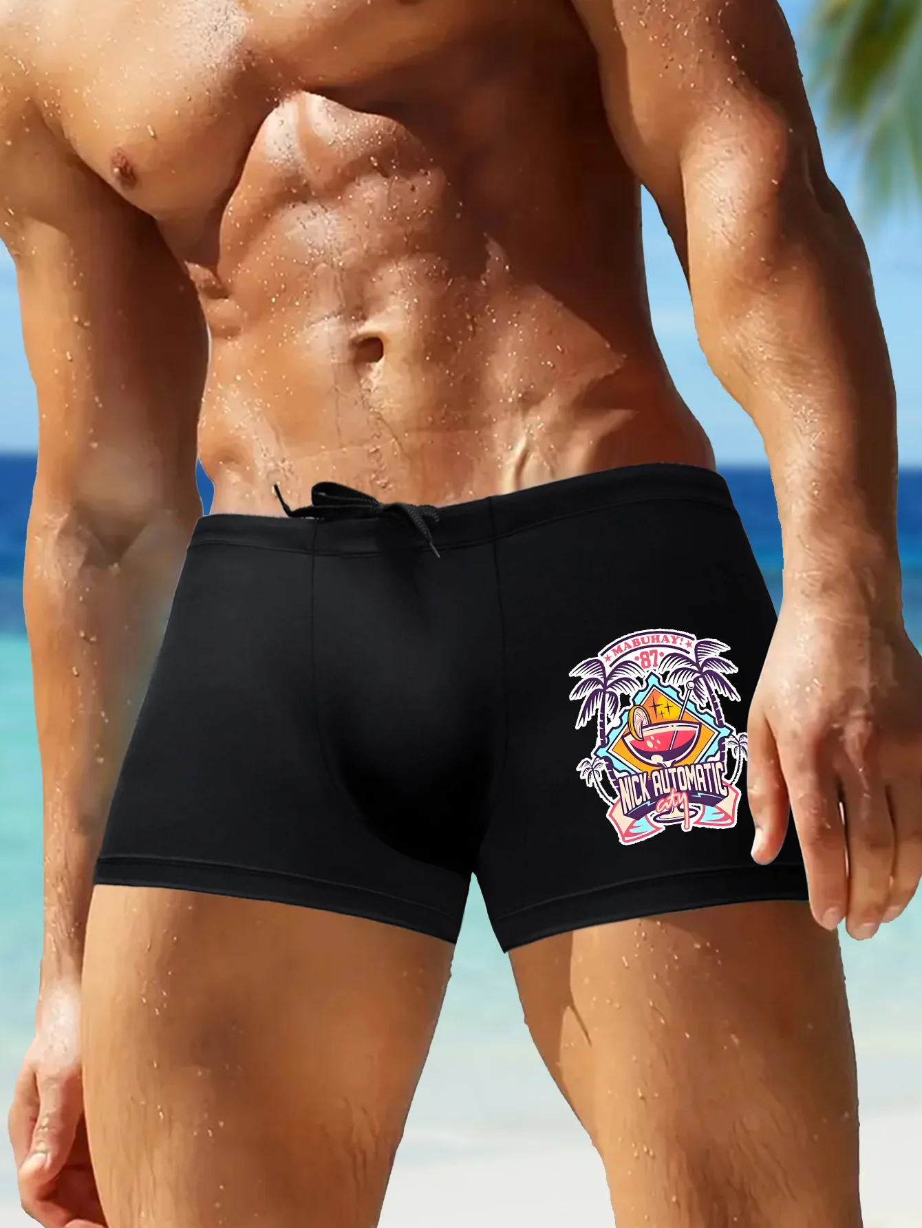 Modern Letter-Print Swim Trunks | Lightweight Stretchy Fabric | Beach-to-Street Hybrid Shorts with Drawstring
