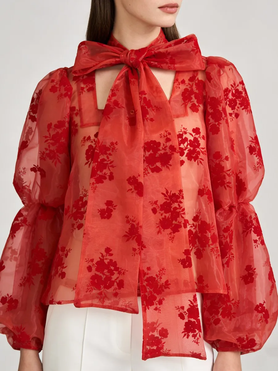 TWOTWINSTYLE Afdrukken Sheer Spliced Strik Fashion Shirts voor Vrouwen Vierkante Hals Lange Mouwen Elegant Shirt Vrouwelijke Kleding Nieuwe