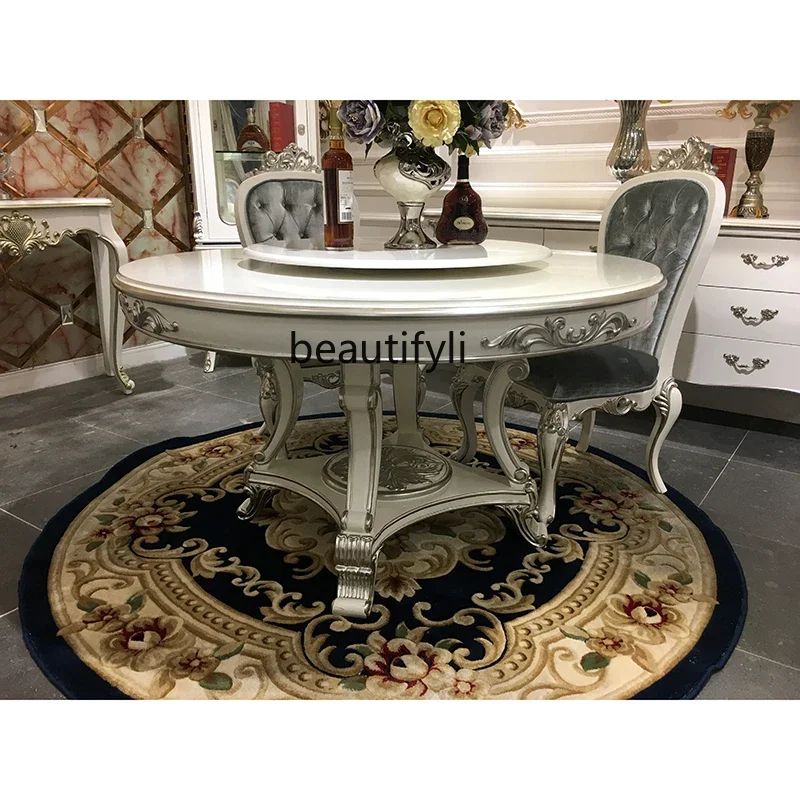 

French solid wood round dining table dining chair combination European court simple luxury carving