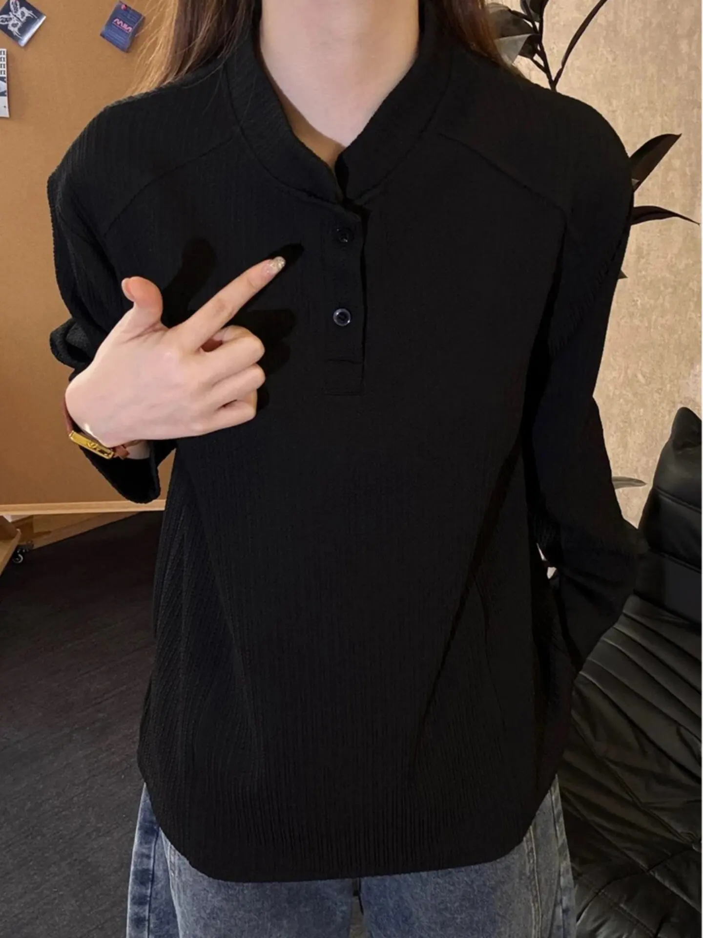 White Long Sleeve Henry Collar T-Shirt Unisex Simple High-End Feeling Base Layer Shirt Texture  Shirt for Youth Daily Wear
